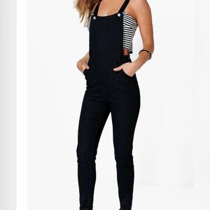 BOOHOO Black Slim Denim Overalls